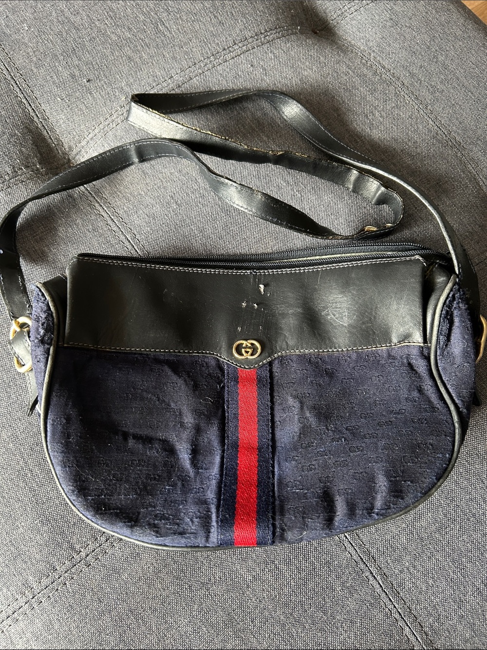 Gucci Navy and Black Messenger Bag with Red Stripe